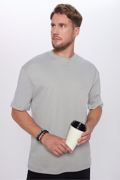 Tudors Unisex Oversize Wide Cut 100% Cotton Soft Texture Basic Crew Neck Gray T-Shirt