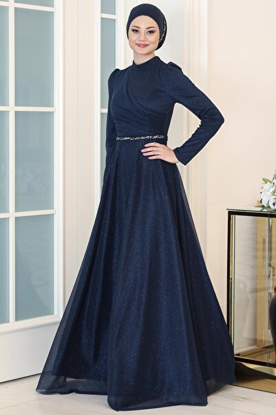 SUBU TASARIM Navy Blue Glitter Evening Dress - Tbssn46