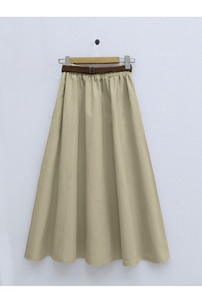 Modamorfo Lockerer Rock aus Baumwoll-Gabardine mit Strohgürtel – Olivgrün