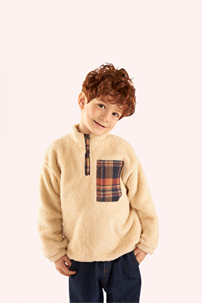 Panço Erkek Çocuk Peluş Bej Sweatshirt