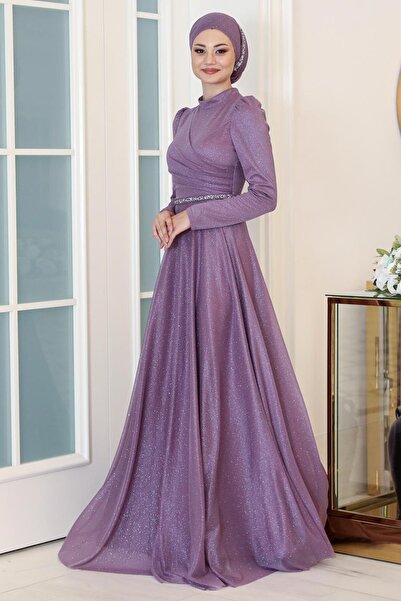 SUBU TASARIM Lavender Glitter Evening Dress - Tbssn46