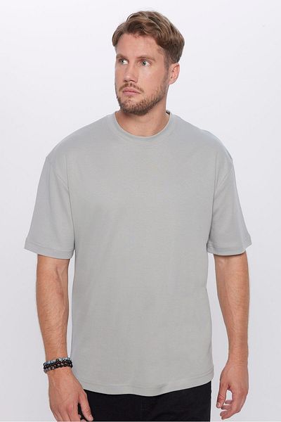 Tudors Unisex Oversize Wide Cut 100% Cotton Soft Texture Basic Crew Neck Gray T-Shirt