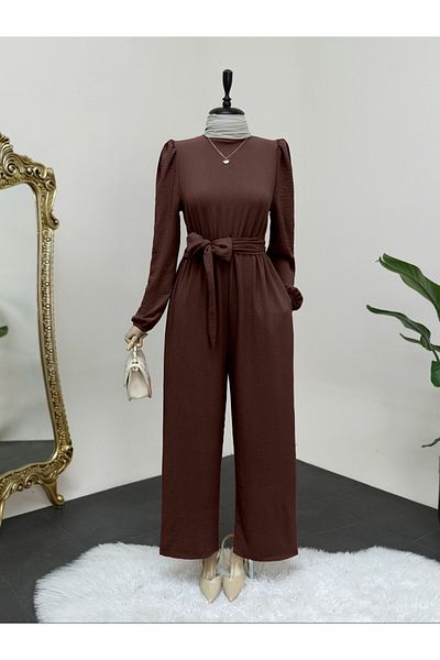 Modamorfo Stand Collar Elastic Waist Belted Jumpsuit - Brown