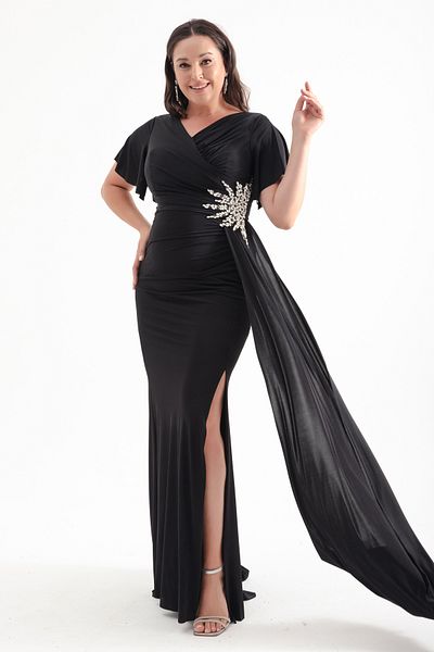 Lafaba : Black Stone Detail Double Breasted Collar Large Size Evening Dress