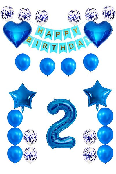 Patladı Gitti 2 Years Old Blue Concept Birthday Set; Heart Star Foil Balloon Set