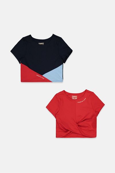 Tchibo Kids Girl 2 Pcs Short Sleeve Cropped Functional Shirt, Red