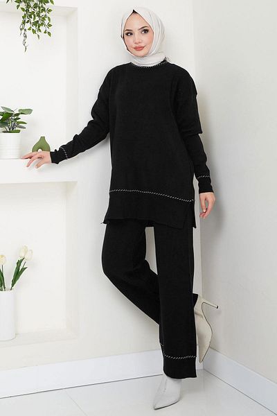 hafsamina Black Knitwear Set - Sleeve and Collar Patterned Hm2567