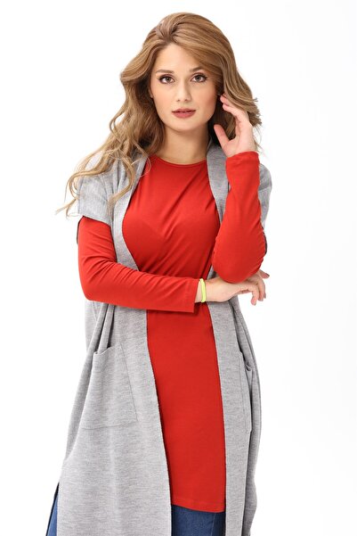 Giyim Dünyası Women's Gray Long Pocket Detailed Knitwear Vest 12779