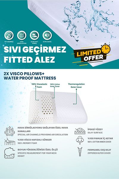 VİSCOTEX Ecovis Family Set, 2-Piece Visco Pillow and Double Liquid-Proof Fitted Bed Mattresses 160X200Cm