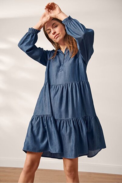 Tchibo Women Textured Balloon Sleeve Tent Denim Dress, Blue Denim