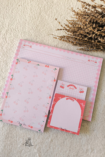 Flowery Paper 4'lü Cherry Notepad Set - Memopad,Check List ,Not Defteri ,Blok...