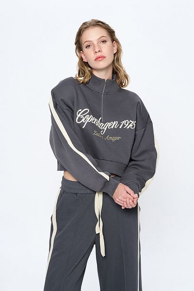 Quzu Anthracite Zip Crop Sweatshirt - Stripe Detailed