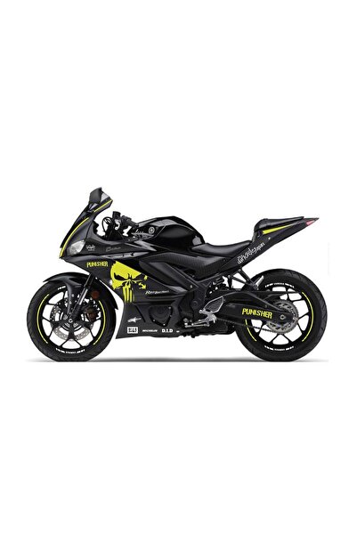 Motiker 2019-2020 Yamaha YZF R25 Neon Sarı- Beyaz Punisher Sticker Etiket Ful...