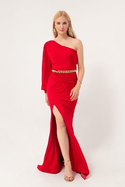 Lafaba Women's Red One-Shoulder Chain Long Evening Dress