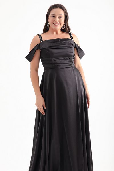 Lafaba Plus Size Draped Black Stone Strap Long Evening Dress