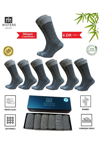 MISTERO SOCKS Men's Bamboo Socks - 6 Pairs Jacquard Patterned, Seamless, Gold Series (Business)