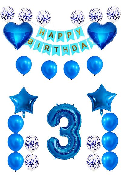 Patladı Gitti 3 Years Old Blue Concept Birthday Set; Heart Star Foil Balloon Set