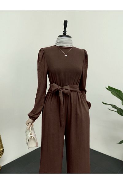 Modamorfo Stand Collar Elastic Waist Belted Jumpsuit - Brown