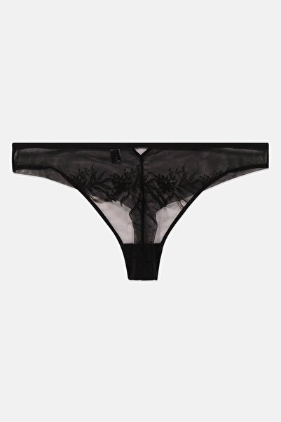 Etam Women Embroidered Lace Tanga Panty, Black