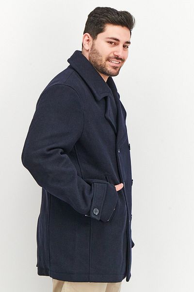 Tchibo Men Spread Collar Long Sleeve Solid Caban Jacket, Navy