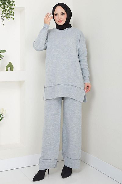hafsamina Gray Knitwear Set - Sleeve and Collar Patterned, Hm2567