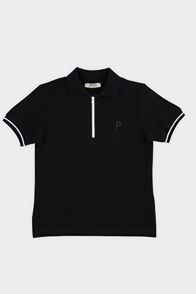 Panço Unisex Yakalı Kısa Kollu Siyah Pike Tişört
