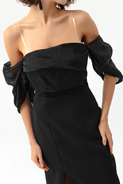 Lafaba Dámské černé princeznovské dlouhé večerní šaty s organzovým rukávem