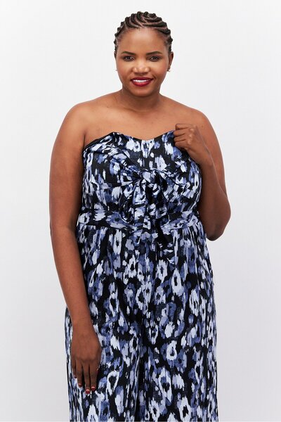 Nina Parker Women Plus Size Allover Print Strapless Wide Leg Jumpsuit, Black