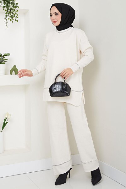 hafsamina Σετ Πλεκτά Κρεμ - Μανίκια και Γιακά με Σχέδιο HM2567