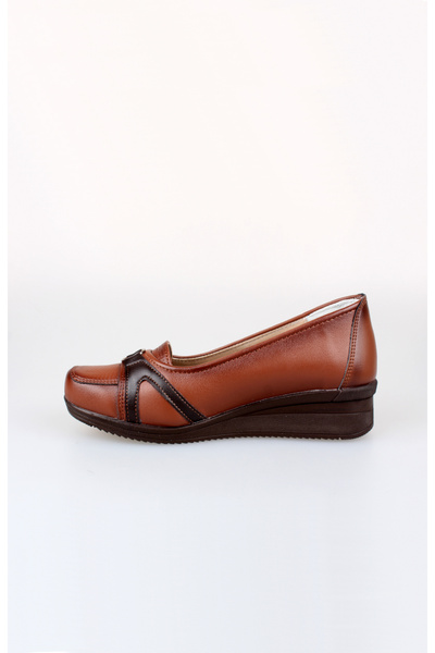 EDİK Daily Women's Comfortable and Durable Genuine Leather Cushioned Heel(R) System Tan Shoes for Mother C54