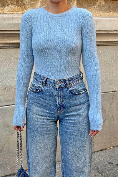 Swist Mavi Yumoş Bisiklet Yaka İnce Sakallı Kadın Triko Crop Kazak