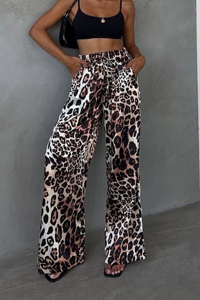 Ded COLLECTION Pantaloni din satin cu imprimeu leopard crem pentru femei, cu talie lată