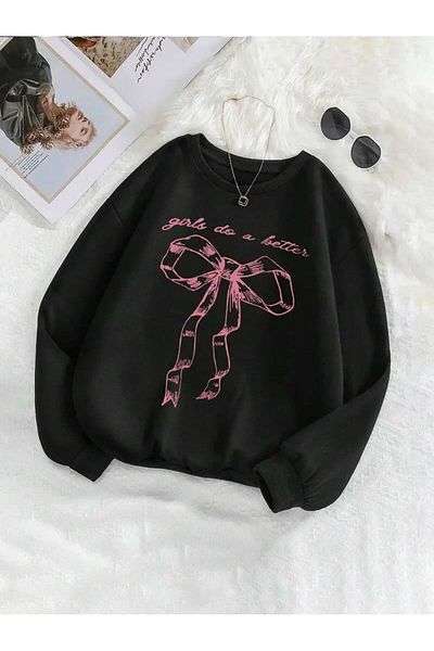 Touz Moda Μαύρο φούτερ με κορδέλα με στάμπα Unisex Oversize Crew Neck