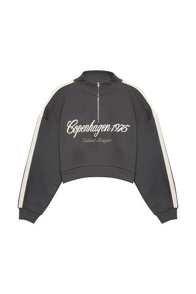 Quzu Anthracite Zip Crop Sweatshirt - Stripe Detailed