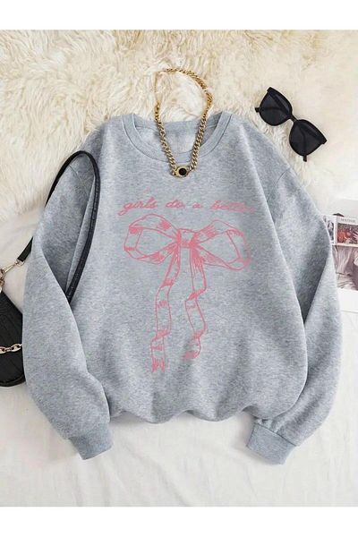 Touz Moda Сив унисекс суитшърт с голям размер и щампа от панделка