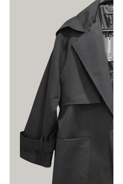 Cessa fashion Diz Altı Midi Boy Astarlı Yağmura Dayanaklı Siyah Trençkot