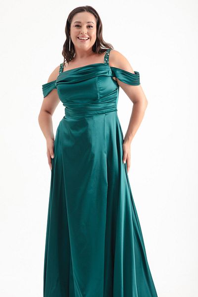 Lafaba Emerald Green Large Size Draped Stone Strap Long Evening Dress
