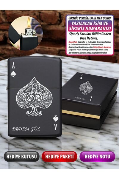 LAZZERS HEDİYELİK Kişiye Özel İsimli Lüks Kutulu Maça As Tasarım Çakmak