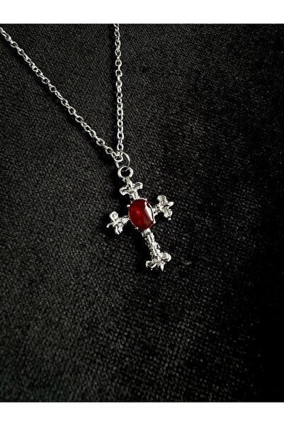 DarkellaStore Gotik Victorian Punk Bordo Taşlı Haç Kolye