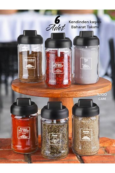 Dem Home 6 Pieces Lockable Lid Lid with Self Spoon - Lockable Glass Spice Dispenser Set 300 ml