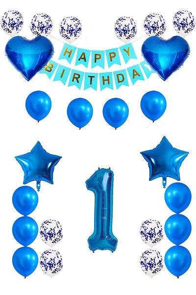 Patladı Gitti 1 Year Old Blue Concept Birthday Set; Heart Star Foil Balloon Set