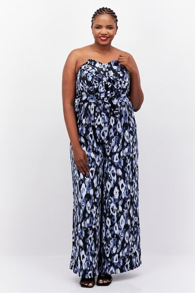 Nina Parker Women Plus Size Allover Print Strapless Wide Leg Jumpsuit, Black