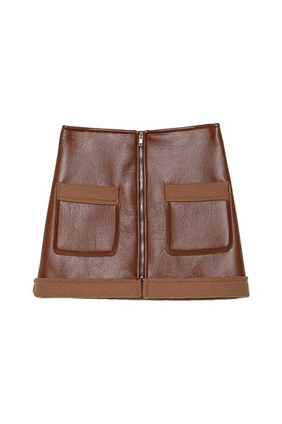 Quzu Tan Mini Leather Skirt - Front Zipper and Pocket Detail