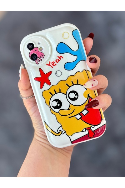 IPHONE 11 SUNGERBOB DESENLİ EKRU RENK YUMUŞAK KILIF