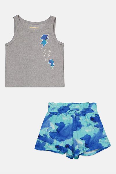Madden Girl Kids Girl 2 Tie Dye Tee And Short Set, Grey/blue