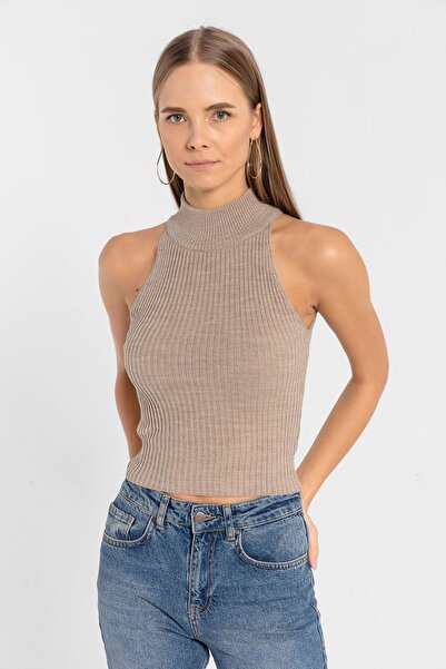 Miss Poem Women's Turtleneck Turtleneck Sleeveless Short Mink Knitwear Crop
