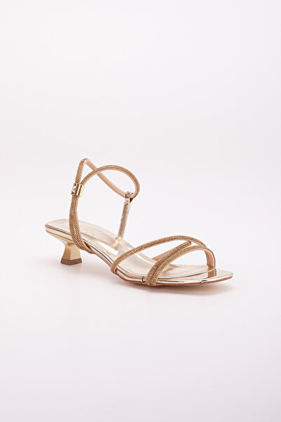 LİLLA Gold Color Women's Evening Dress Short Heeled Shoes