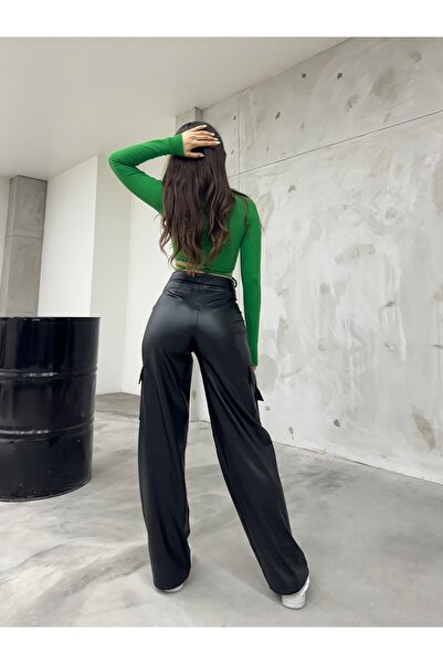 BİKELİFE Black Leather High Waist Lined Wide Leg Palazzo Trousers