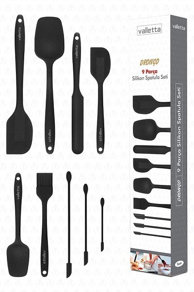 valletta Drongo Jar Silicone Spatula Set with Stripper 9 Pieces Black
