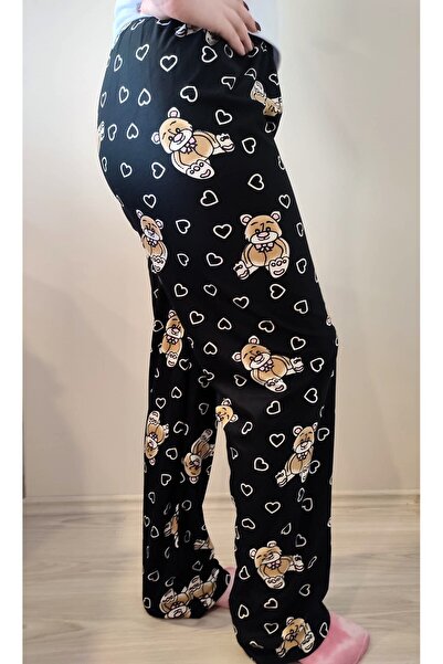 enmodaiçgiyim Fekete Teddy Bear mintás velúr női pizsama alsó